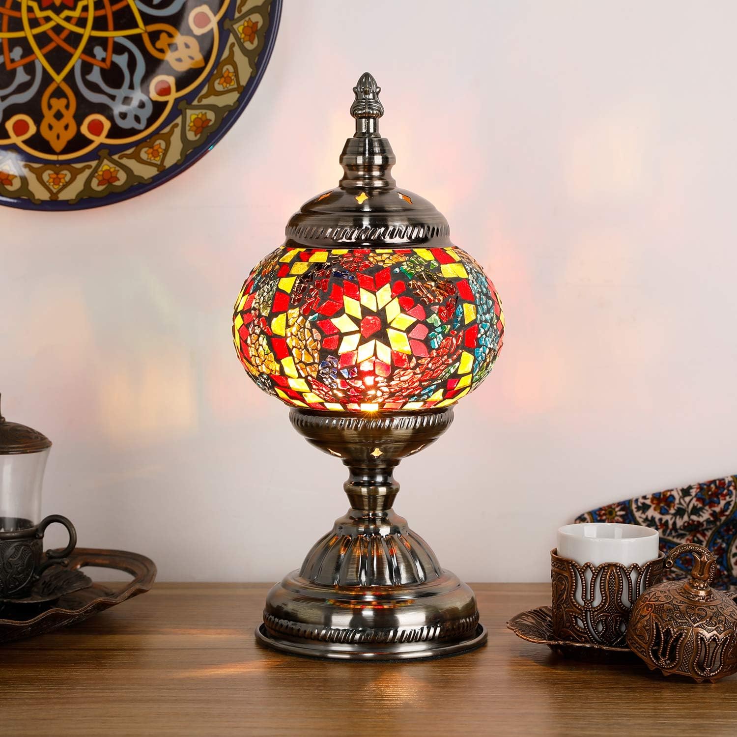 Turkish Mosaic Stained Glass Table Lamp, Single Globe with Bronze Base - Design 1