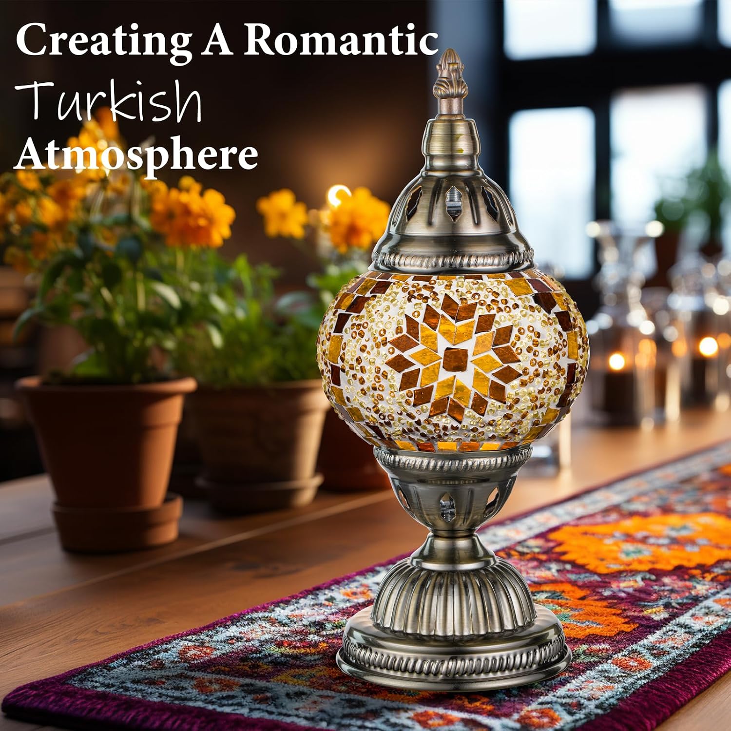 Turkish Mosaic Stained Glass Table Lamp, Single Globe with Bronze Base - Design 2