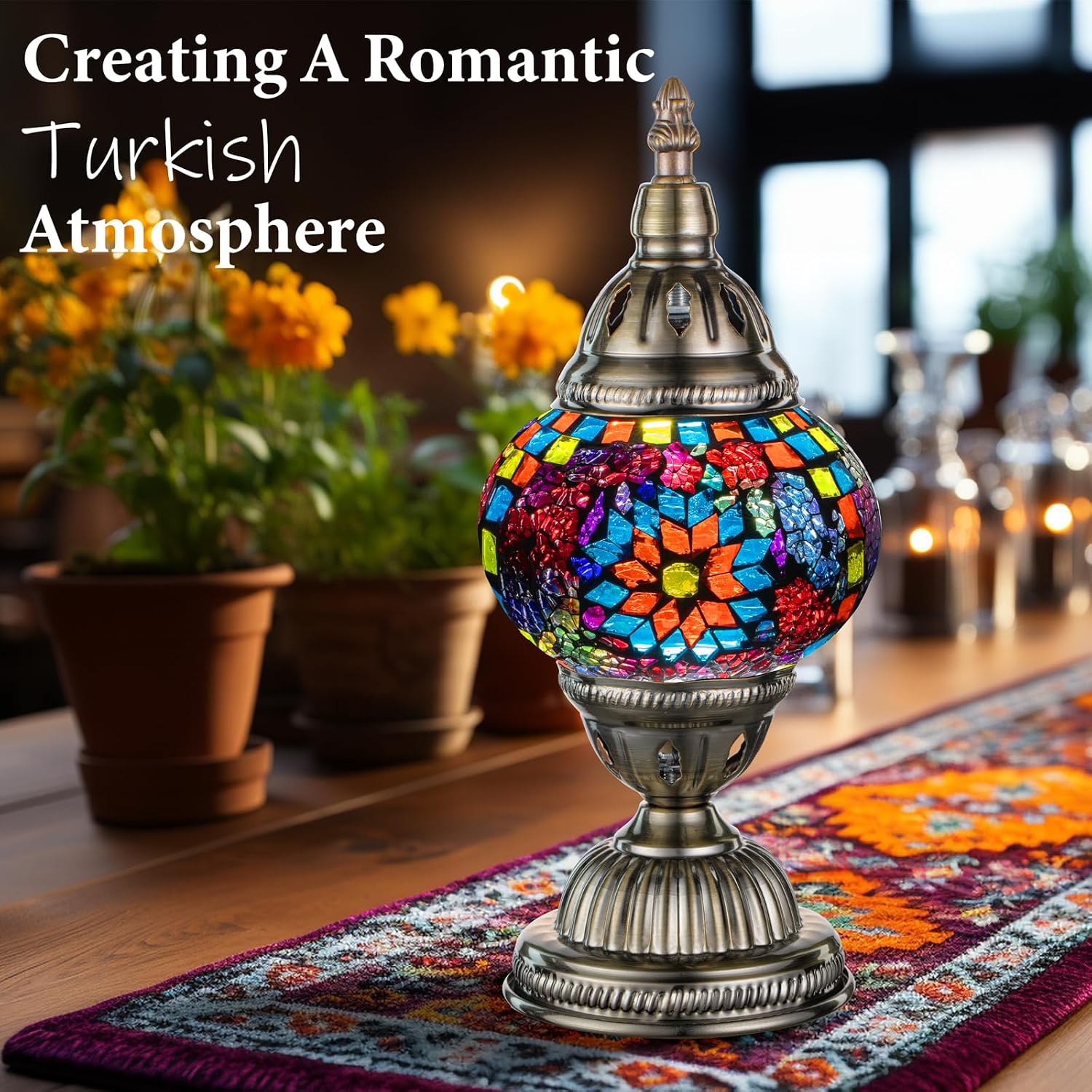 Turkish Mosaic Stained Glass Table Lamp, Single Globe with Bronze Base - Design 3