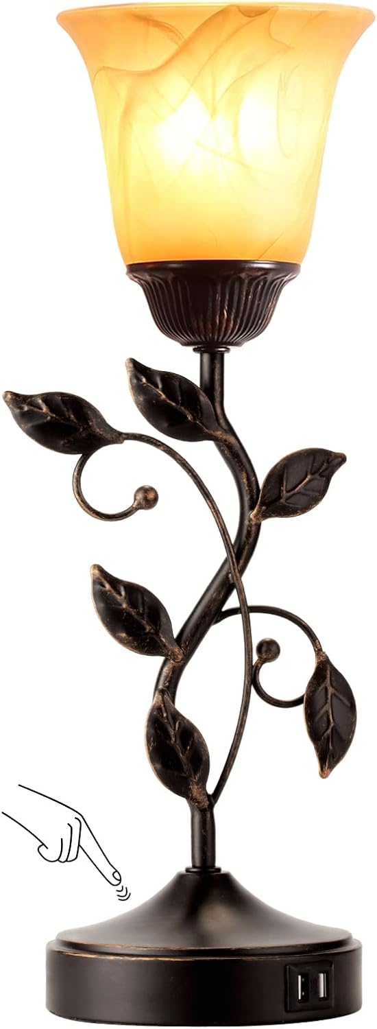 Leaf-Form Table Lamp with Amber Glass Shade - Touch Dimming, USB-C and USB-A Ports