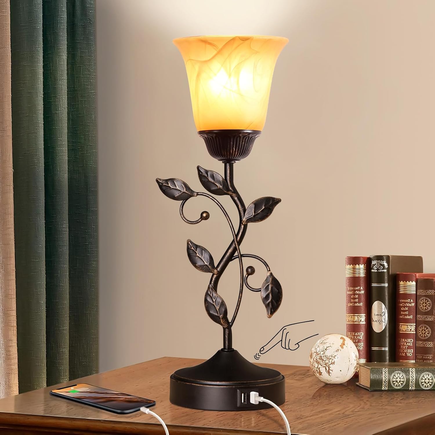 Leaf-Form Table Lamp with Amber Glass Shade - Touch Dimming, USB-C and USB-A Ports